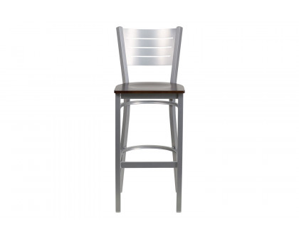 BLNK HERCULES Series Silver Metal Slat Back Restaurant Bar Stool with Wood Seat - Walnut