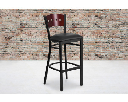 BLNK HERCULES Series Black Metal 4 Square Back Restaurant Bar Stool with Mahogany Wood Back and Vinyl Seat