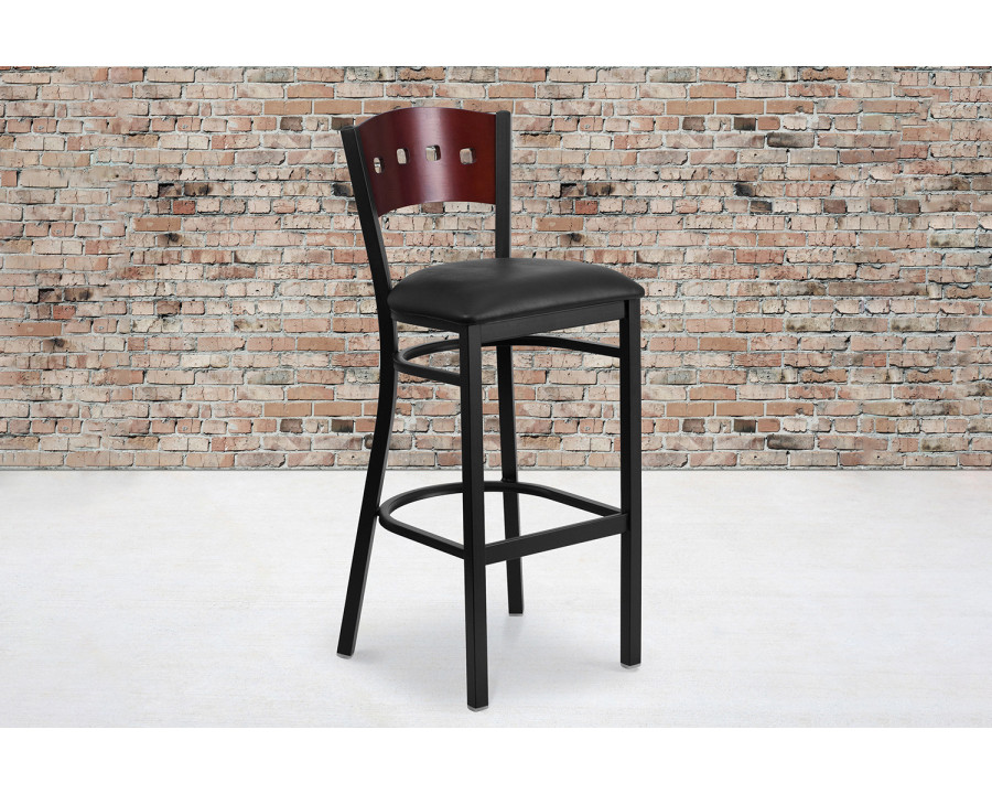 BLNK HERCULES Series Black Metal 4 Square Back Restaurant Bar Stool with Mahogany Wood Back and Vinyl Seat - Black