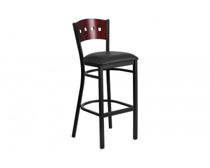 BLNK HERCULES Series Black Metal 4 Square Back Restaurant Bar Stool with Mahogany Wood Back and Vinyl Seat - Black