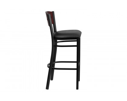 BLNK HERCULES Series Black Metal 4 Square Back Restaurant Bar Stool with Mahogany Wood Back and Vinyl Seat - Black