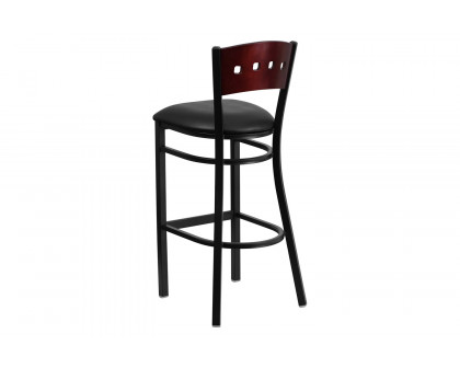 BLNK HERCULES Series Black Metal 4 Square Back Restaurant Bar Stool with Mahogany Wood Back and Vinyl Seat - Black