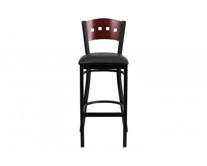 BLNK HERCULES Series Black Metal 4 Square Back Restaurant Bar Stool with Mahogany Wood Back and Vinyl Seat - Black