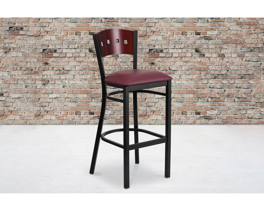 BLNK HERCULES Series Black Metal 4 Square Back Restaurant Bar Stool with Mahogany Wood Back and Vinyl Seat