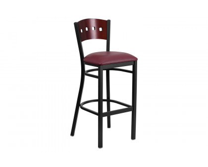 BLNK HERCULES Series Black Metal 4 Square Back Restaurant Bar Stool with Mahogany Wood Back and Vinyl Seat