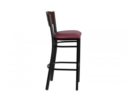 BLNK HERCULES Series Black Metal 4 Square Back Restaurant Bar Stool with Mahogany Wood Back and Vinyl Seat - Burgundy