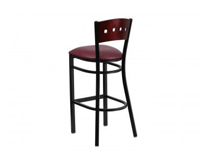 BLNK HERCULES Series Black Metal 4 Square Back Restaurant Bar Stool with Mahogany Wood Back and Vinyl Seat - Burgundy