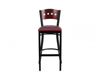 BLNK HERCULES Series Black Metal 4 Square Back Restaurant Bar Stool with Mahogany Wood Back and Vinyl Seat - Burgundy