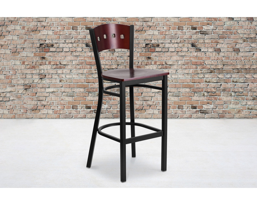 BLNK - HERCULES Series Black Metal 4 Square Back Restaurant Bar Stool with Mahogany Wood Back and Seat