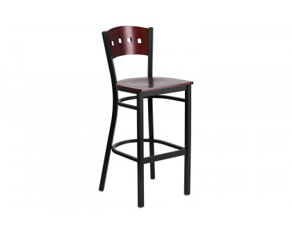 BLNK - HERCULES Series Black Metal 4 Square Back Restaurant Bar Stool with Mahogany Wood Back and Seat