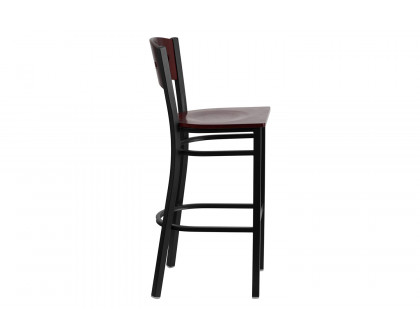 BLNK - HERCULES Series Black Metal 4 Square Back Restaurant Bar Stool with Mahogany Wood Back and Seat