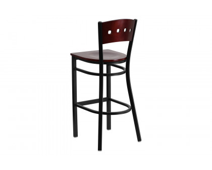 BLNK - HERCULES Series Black Metal 4 Square Back Restaurant Bar Stool with Mahogany Wood Back and Seat