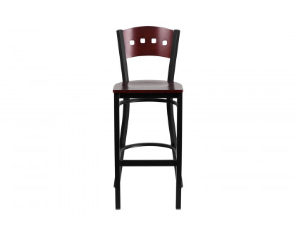 BLNK - HERCULES Series Black Metal 4 Square Back Restaurant Bar Stool with Mahogany Wood Back and Seat