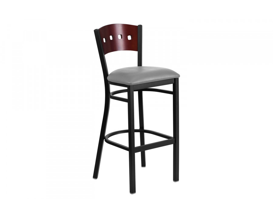 BLNK - HERCULES Series Black Metal 4 Square Back Restaurant Bar Stool with Mahogany Wood Back and Custom Upholstered Seat