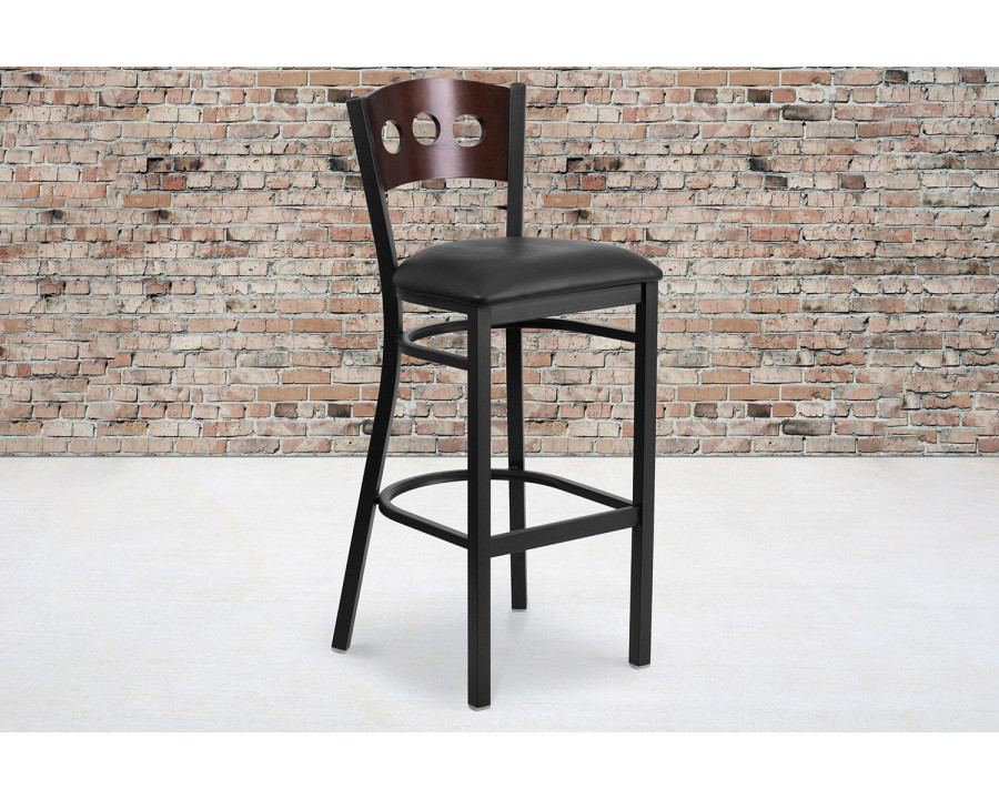 BLNK HERCULES Series Black Metal 3 Circle Back Restaurant Bar Stool with Walnut Wood Back and Vinyl Seat