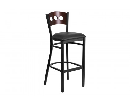 BLNK HERCULES Series Black Metal 3 Circle Back Restaurant Bar Stool with Walnut Wood Back and Vinyl Seat