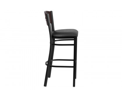 BLNK HERCULES Series Black Metal 3 Circle Back Restaurant Bar Stool with Walnut Wood Back and Vinyl Seat - Black