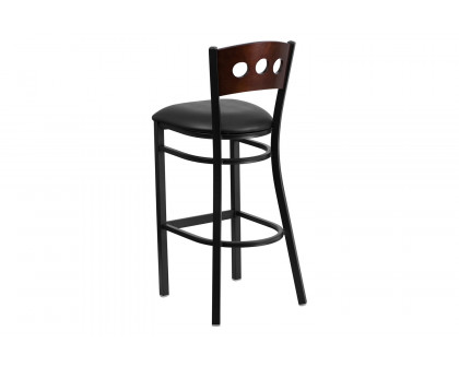 BLNK HERCULES Series Black Metal 3 Circle Back Restaurant Bar Stool with Walnut Wood Back and Vinyl Seat - Black