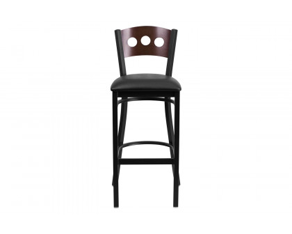 BLNK HERCULES Series Black Metal 3 Circle Back Restaurant Bar Stool with Walnut Wood Back and Vinyl Seat - Black