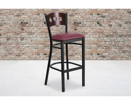 BLNK HERCULES Series Black Metal 3 Circle Back Restaurant Bar Stool with Walnut Wood Back and Vinyl Seat