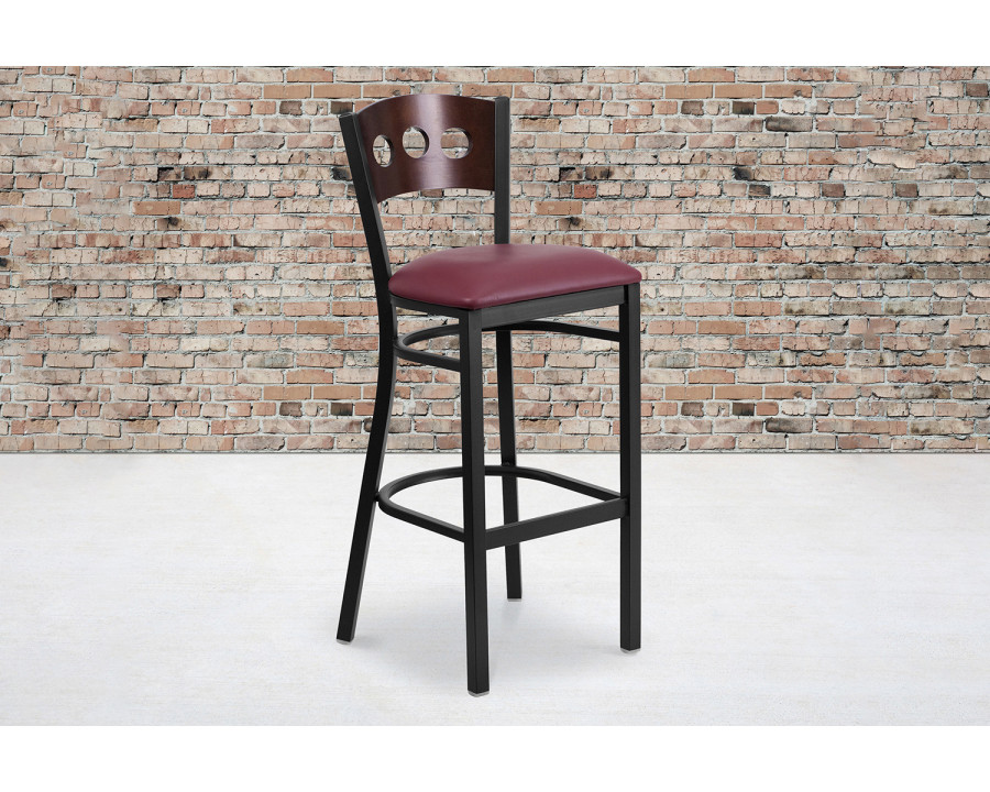 BLNK HERCULES Series Black Metal 3 Circle Back Restaurant Bar Stool with Walnut Wood Back and Vinyl Seat - Burgundy