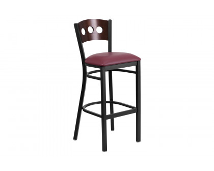 BLNK HERCULES Series Black Metal 3 Circle Back Restaurant Bar Stool with Walnut Wood Back and Vinyl Seat - Burgundy