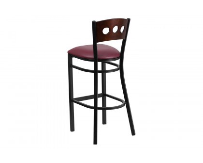 BLNK HERCULES Series Black Metal 3 Circle Back Restaurant Bar Stool with Walnut Wood Back and Vinyl Seat - Burgundy