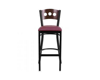 BLNK HERCULES Series Black Metal 3 Circle Back Restaurant Bar Stool with Walnut Wood Back and Vinyl Seat - Burgundy