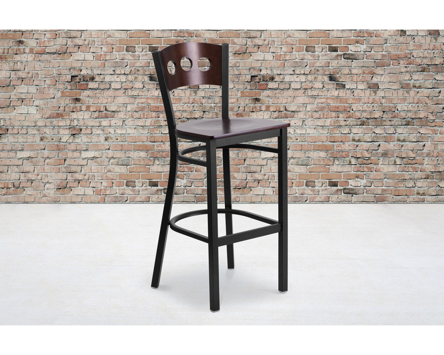 BLNK - HERCULES Series Black Metal 3 Circle Back Restaurant Bar Stool with Walnut Wood Back and Seat