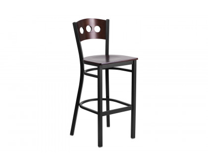 BLNK - HERCULES Series Black Metal 3 Circle Back Restaurant Bar Stool with Walnut Wood Back and Seat