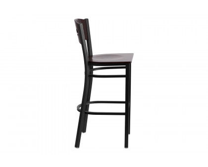 BLNK - HERCULES Series Black Metal 3 Circle Back Restaurant Bar Stool with Walnut Wood Back and Seat