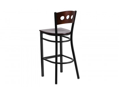 BLNK - HERCULES Series Black Metal 3 Circle Back Restaurant Bar Stool with Walnut Wood Back and Seat