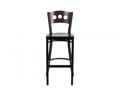 BLNK - HERCULES Series Black Metal 3 Circle Back Restaurant Bar Stool with Walnut Wood Back and Seat