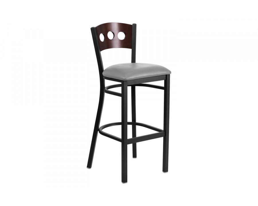 BLNK - HERCULES Series Black Metal 3 Circle Back Restaurant Bar Stool with Walnut Wood Back and Custom Upholstered Seat