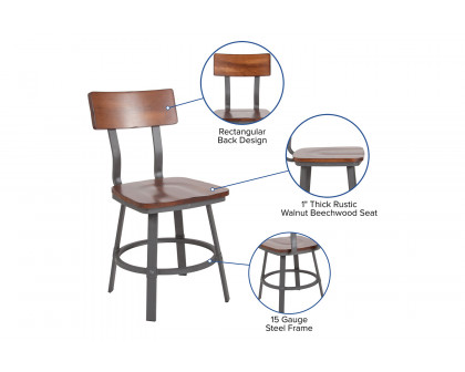 BLNK - Flint Series Rustic Walnut Restaurant Chair with Wood Seat and Back and Gray Powder Coat Frame