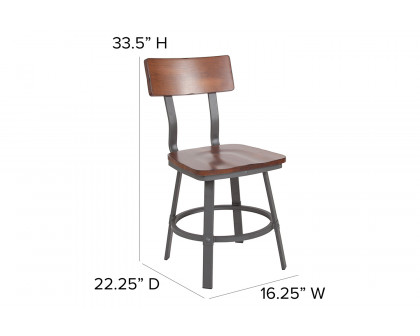 BLNK - Flint Series Rustic Walnut Restaurant Chair with Wood Seat and Back and Gray Powder Coat Frame