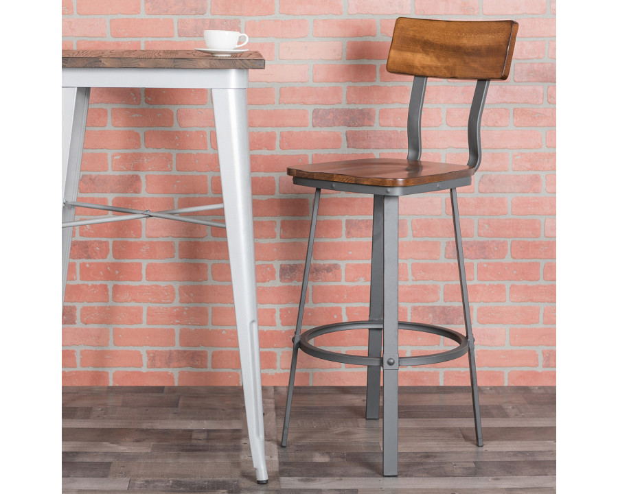 BLNK - Flint Series Rustic Walnut Restaurant Bar Stool with Wood Seat and Back and Gray Powder Coat Frame