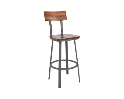 BLNK - Flint Series Rustic Walnut Restaurant Bar Stool with Wood Seat and Back and Gray Powder Coat Frame