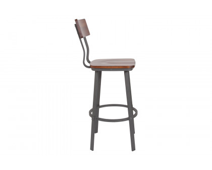 BLNK - Flint Series Rustic Walnut Restaurant Bar Stool with Wood Seat and Back and Gray Powder Coat Frame