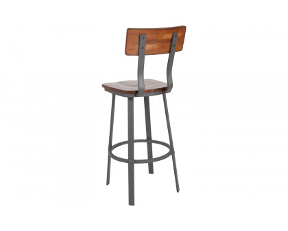 BLNK - Flint Series Rustic Walnut Restaurant Bar Stool with Wood Seat and Back and Gray Powder Coat Frame