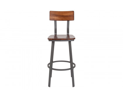 BLNK - Flint Series Rustic Walnut Restaurant Bar Stool with Wood Seat and Back and Gray Powder Coat Frame