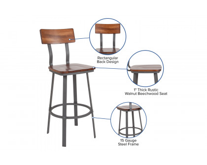 BLNK - Flint Series Rustic Walnut Restaurant Bar Stool with Wood Seat and Back and Gray Powder Coat Frame