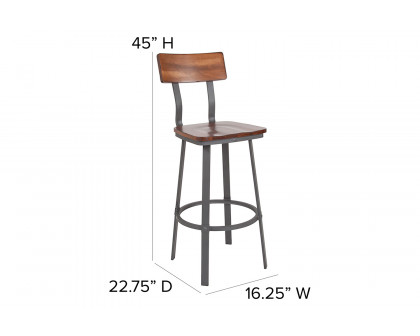 BLNK - Flint Series Rustic Walnut Restaurant Bar Stool with Wood Seat and Back and Gray Powder Coat Frame