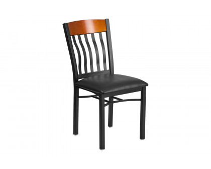 BLNK Eclipse Series Black Metal Vertical Back and Wood Restaurant Chair with Black Vinyl Seat - Cherry