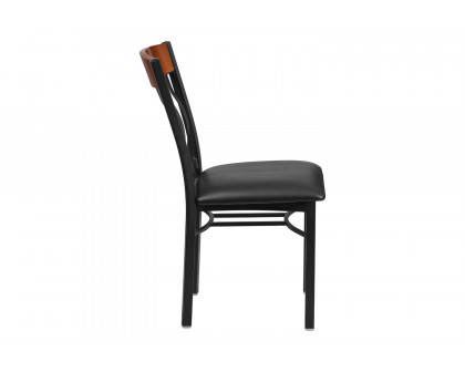 BLNK Eclipse Series Black Metal Vertical Back and Wood Restaurant Chair with Black Vinyl Seat - Cherry