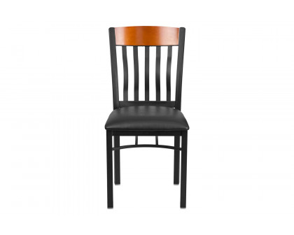 BLNK Eclipse Series Black Metal Vertical Back and Wood Restaurant Chair with Black Vinyl Seat - Cherry