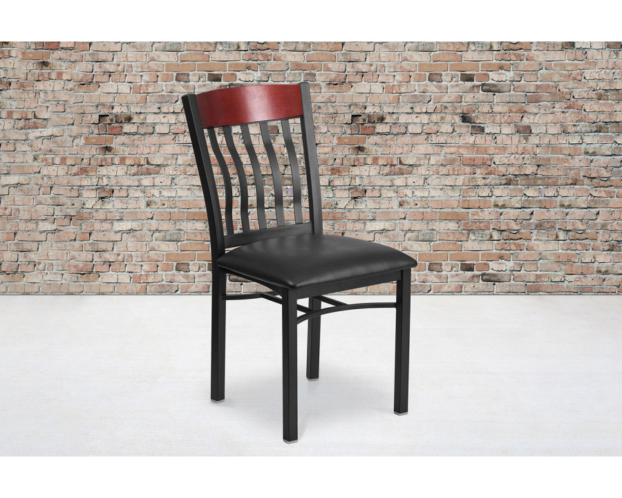 BLNK Eclipse Series Black Metal Vertical Back and Wood Restaurant Chair with Black Vinyl Seat