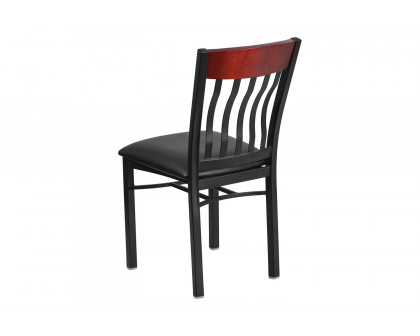 BLNK Eclipse Series Black Metal Vertical Back and Wood Restaurant Chair with Black Vinyl Seat - Mahogany