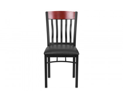 BLNK Eclipse Series Black Metal Vertical Back and Wood Restaurant Chair with Black Vinyl Seat - Mahogany