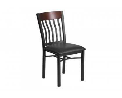 BLNK Eclipse Series Black Metal Vertical Back and Wood Restaurant Chair with Black Vinyl Seat - Walnut